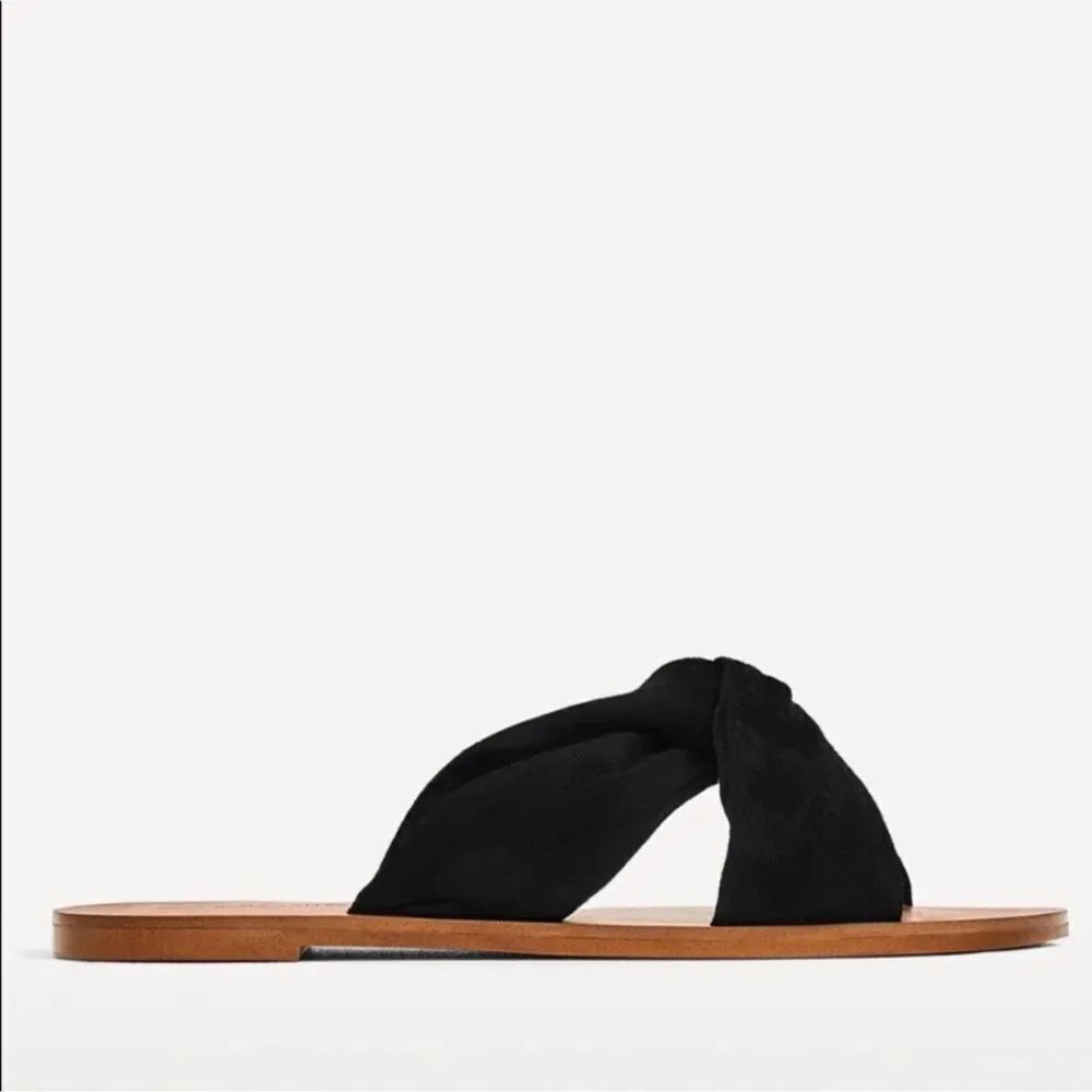 ZARA 38/7-7.5 Black Suede Flat Crossover Straps Knot Flat Slip on Sandals - Picture 6 of 14